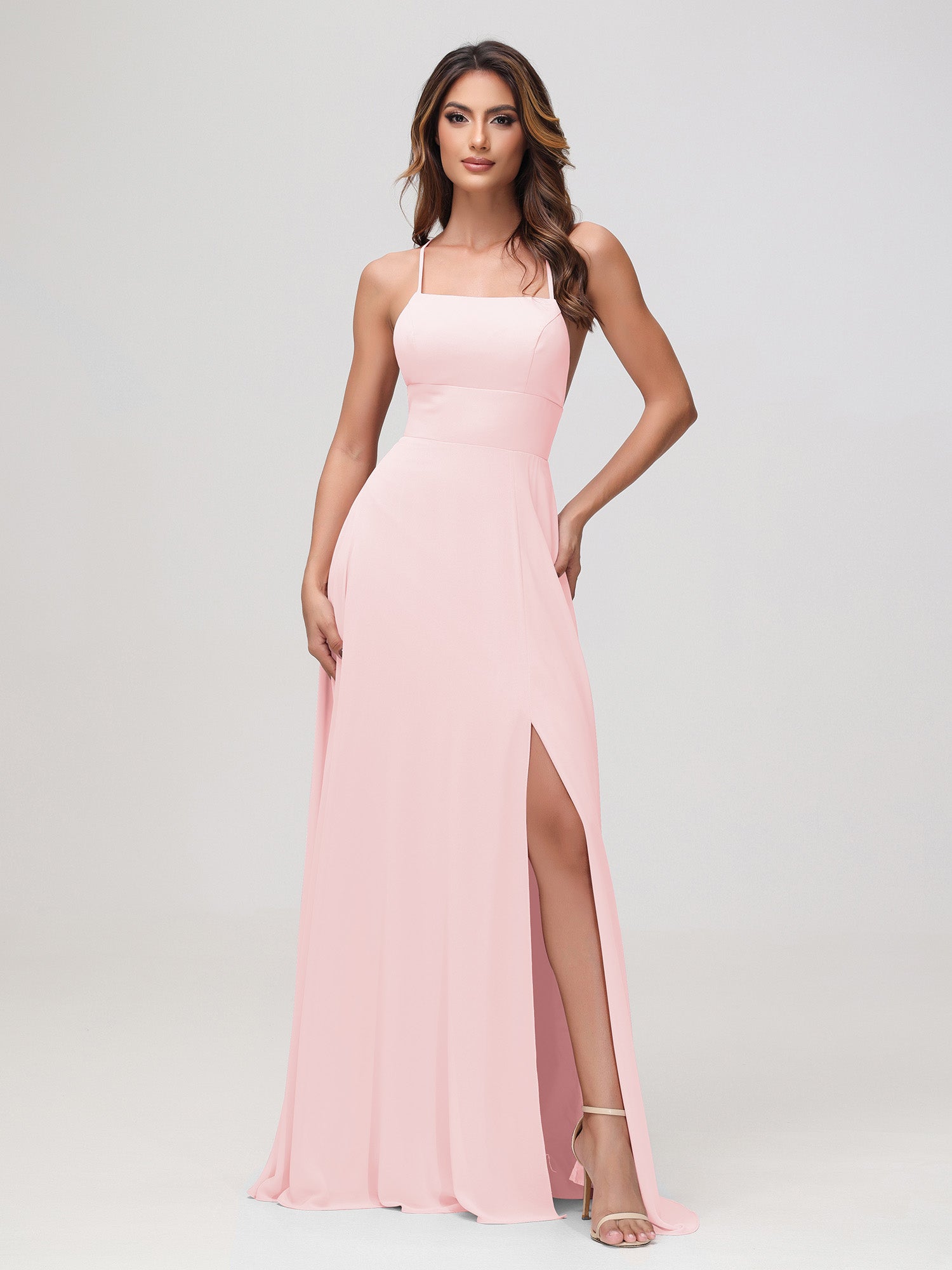 Pleated V-neck A-Line Chiffon Dress With Slit Blushing Pink