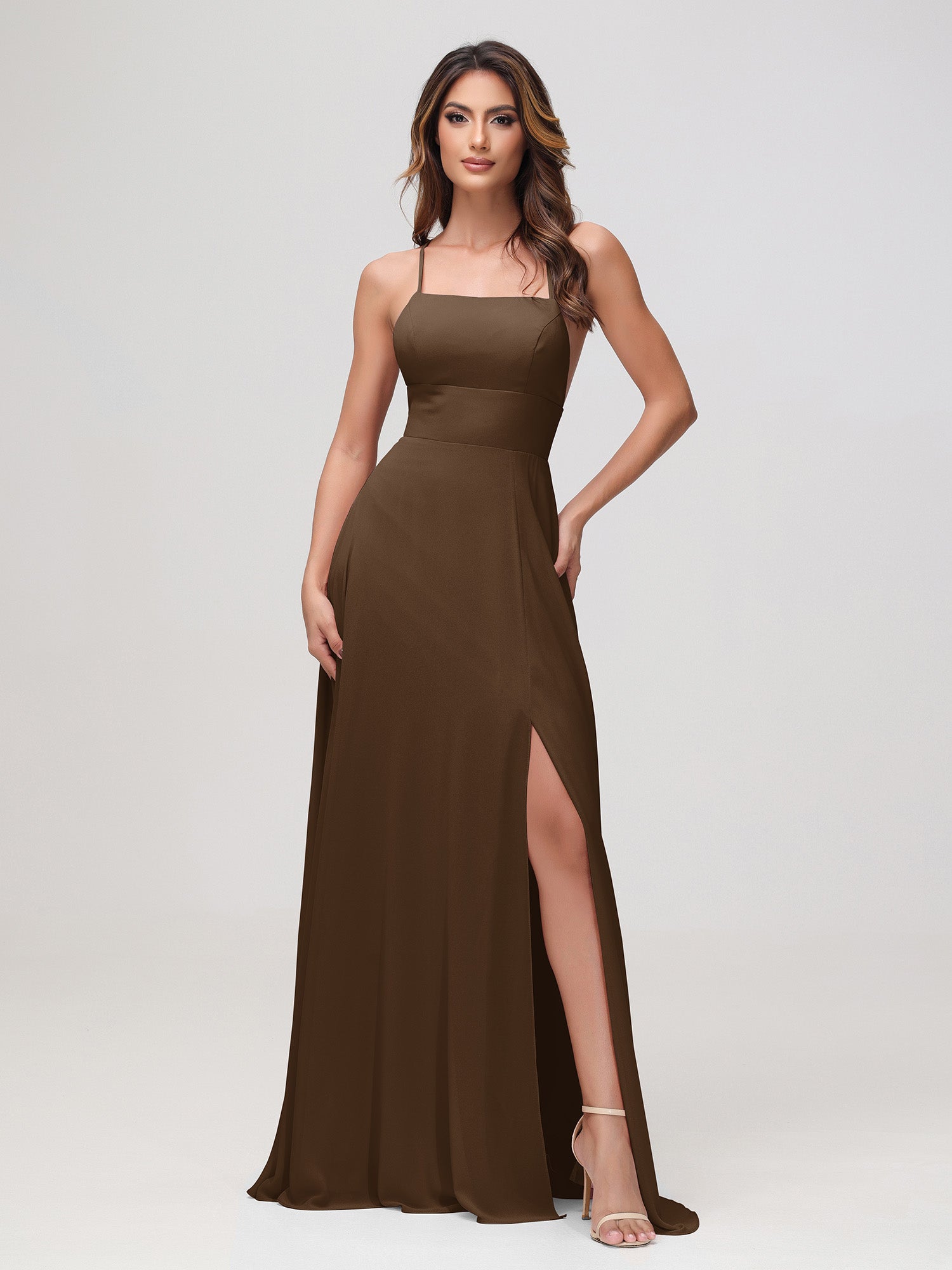 BABARONI Chiffon Brown Bridesmaid Dresses Square Floor-length Spaghetti Straps with Slit A-line, Brown / US0