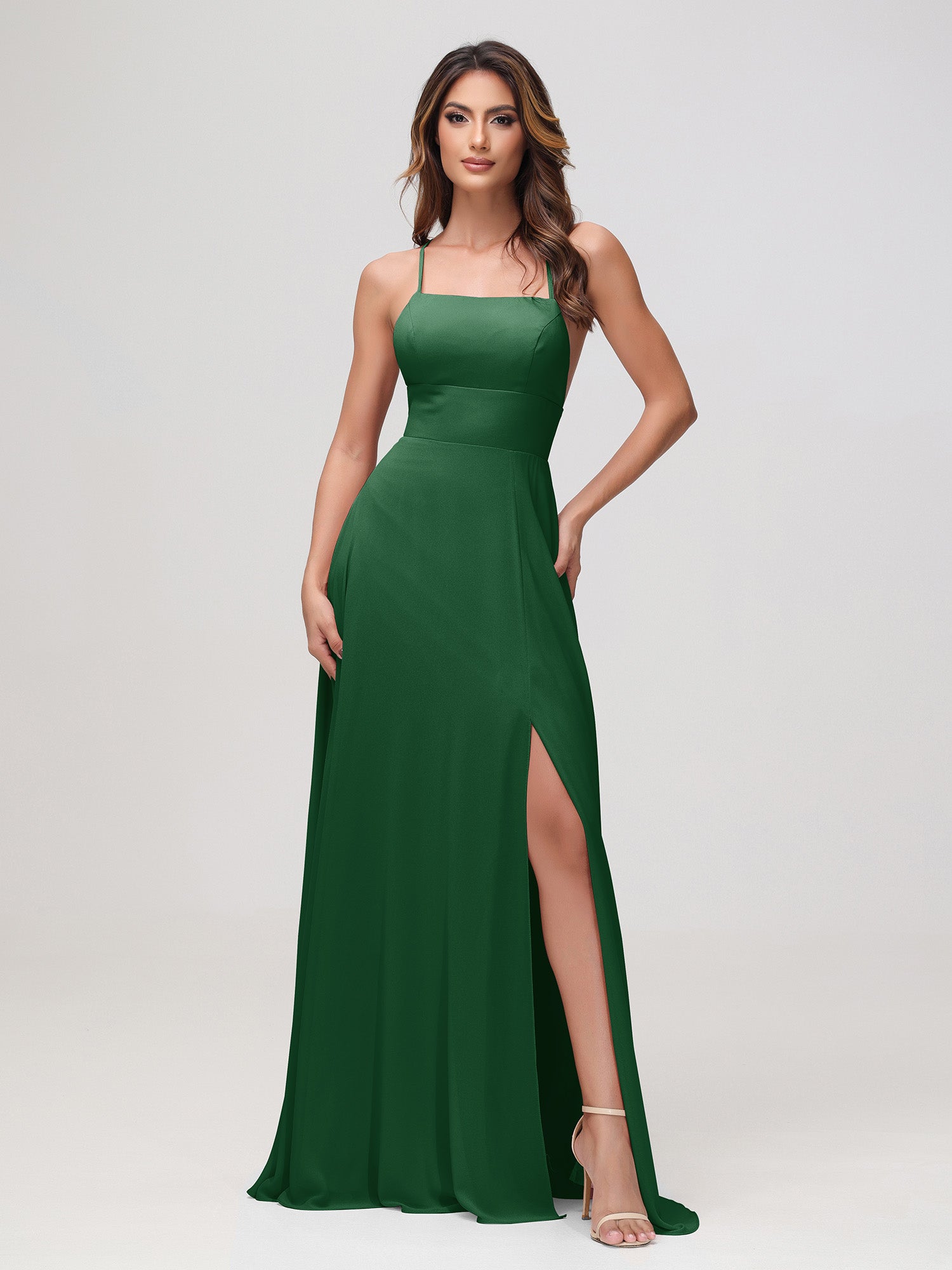 Square Neck Gown with Half Sleeves and Slit Dark Green