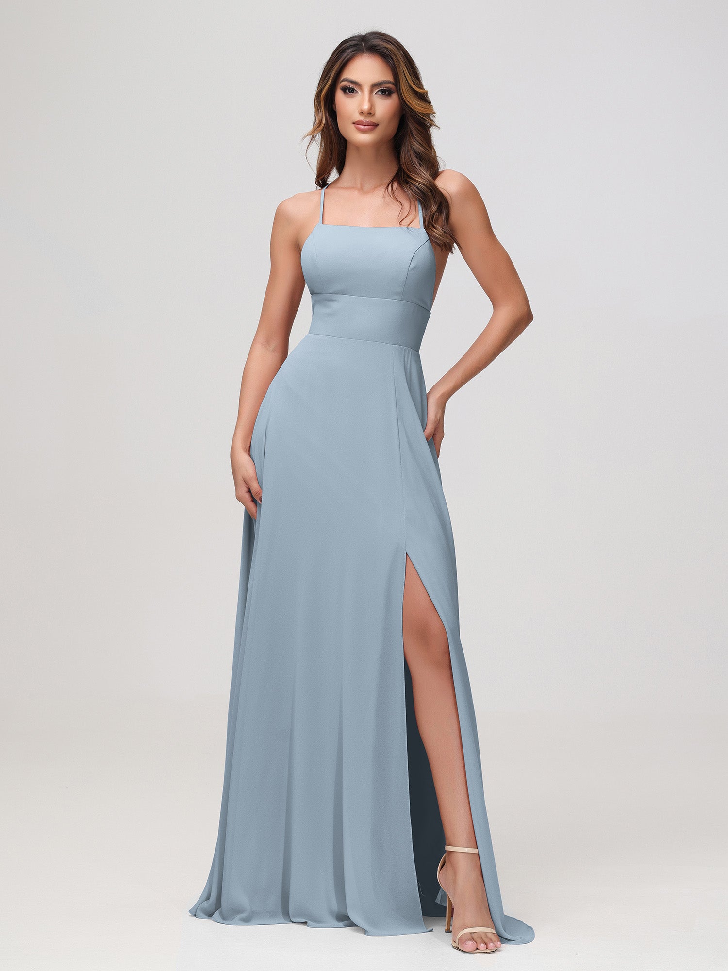 BABARONI Chiffon Dusty Blue Bridesmaid Dresses Square Floor-length  Spaghetti Straps with Slit A-line