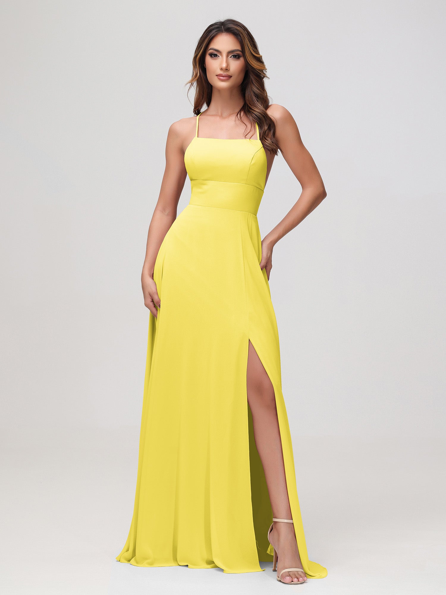 A-Line V-Neck Chiffon Floor-Length Dress Lemon