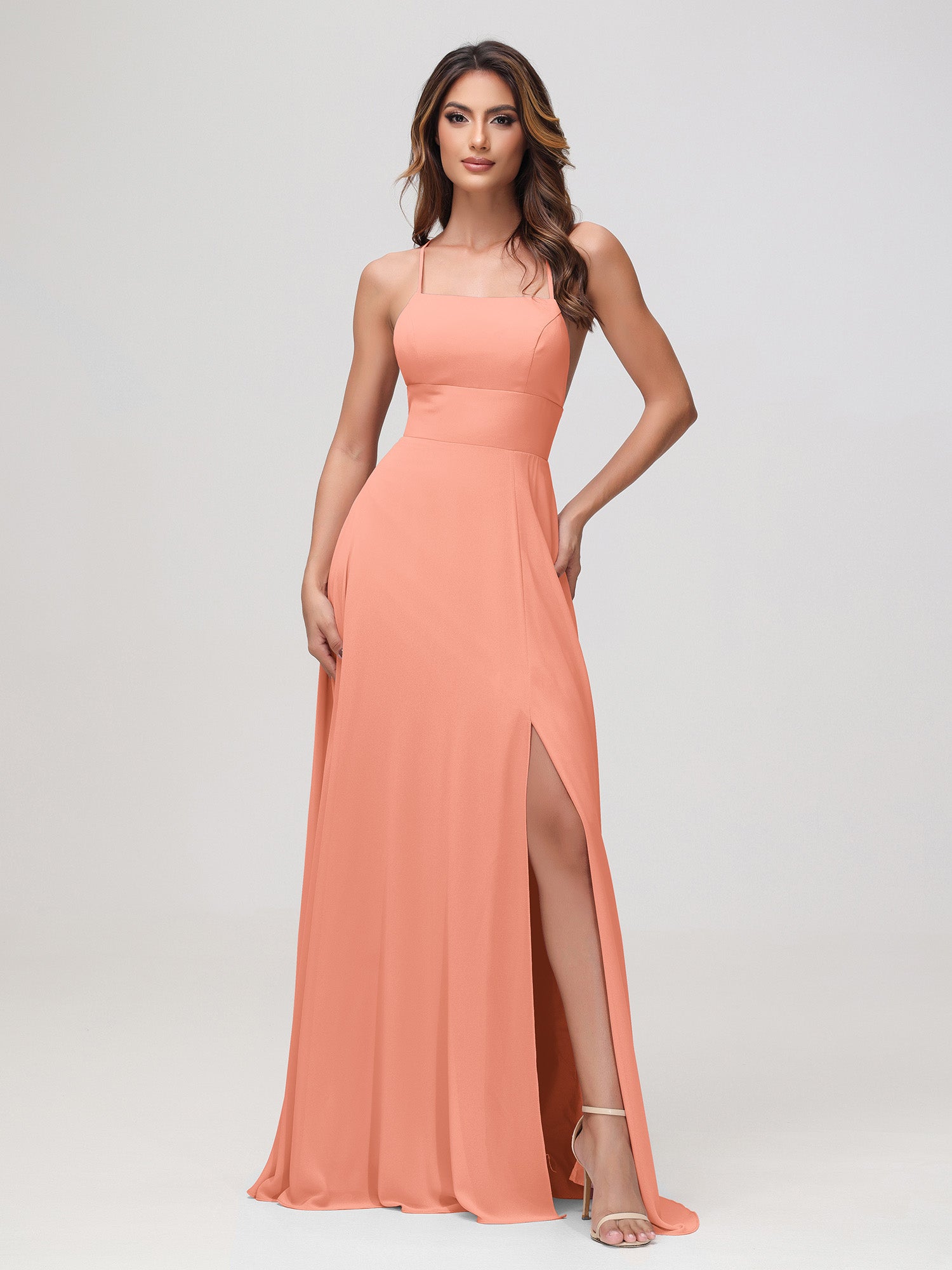 Pleated Bodice Chiffon Long Dresses with Slit Papaya