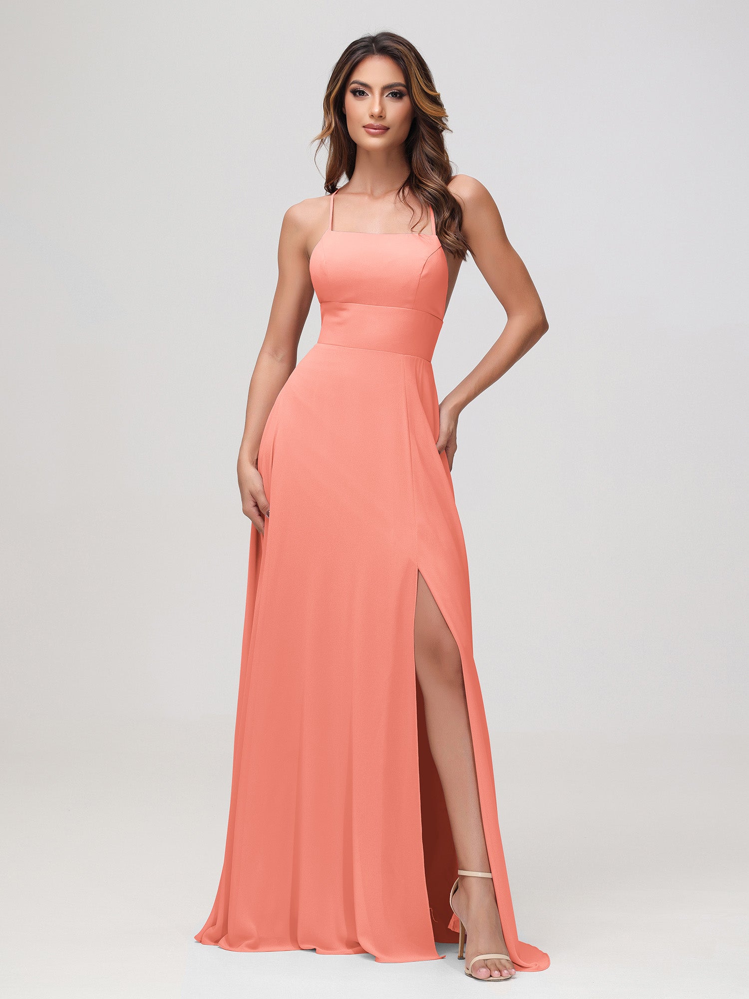 Flutter Sleeves Chiffon Square Neck A-Line Dresses With Slit Sunset