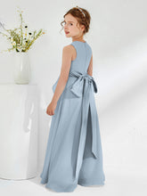 Bateau Neckline Ruffle Junior Bridesmaid Gowns Dusty Blue