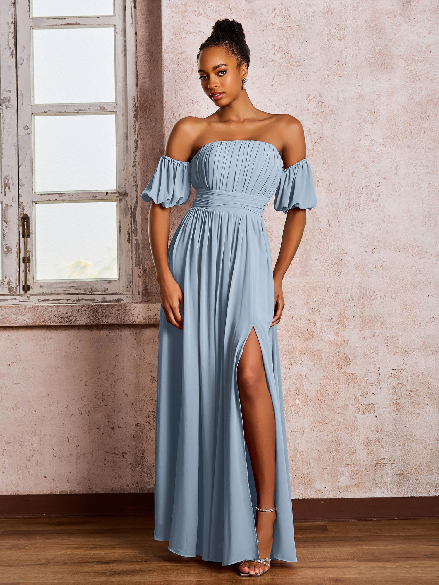 BABARONI Chiffon Dusty Blue Bridesmaid Dresses Square Floor-length