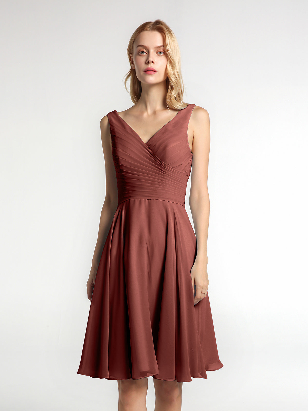 BABARONI V neck Pleated Bodice Circle Skirt Mini Dress Terracotta Plus Size, Terracotta / US18