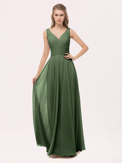 V Neck Long Chiffon Dress with Bow Olive Green