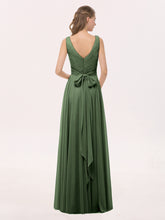 V Neck Long Chiffon Dress with Bow Olive Green