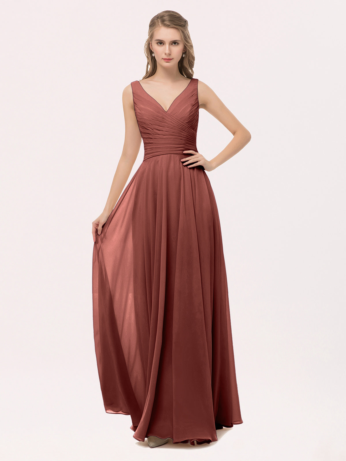 BABARONI V Neck Long Chiffon Dress with Bow Terracotta, Terracotta / US0 BABARONI V Neck Long Chiffon Dress with Bow Terracotta, Terracotta / US0