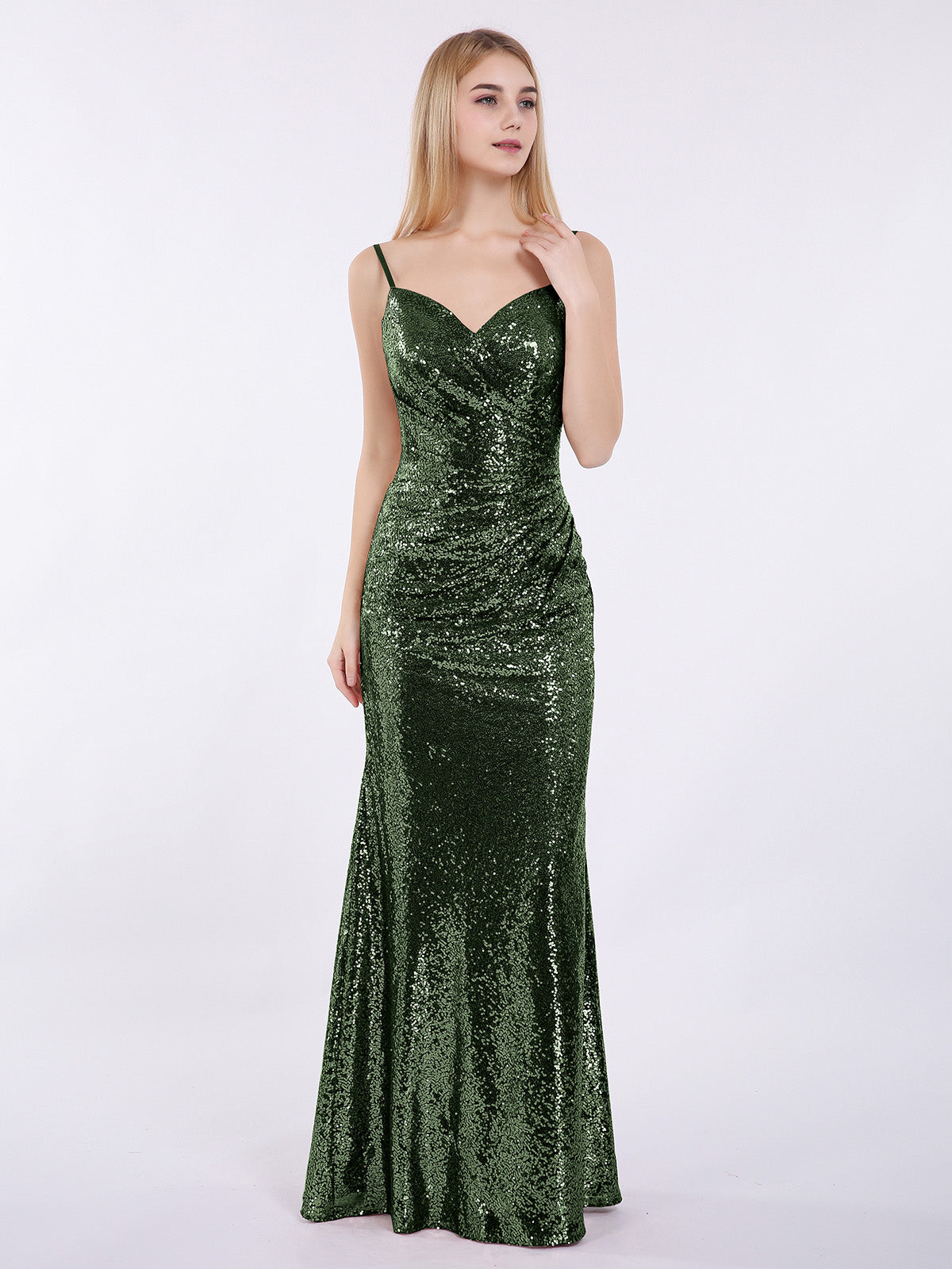 olive green sparkly dress Luxurious Olive Green Sequin Evening Gown with Feathered Sleeves