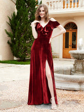 V-neck Ruffled Bodice Max Velvet Dresses With Silt Burgundy