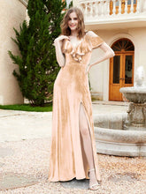 V-neck Ruffled Bodice Max Velvet Dresses With Silt Champagne