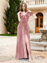 V-neck Ruffled Bodice Max Velvet Dresses With Silt Dusty Rose