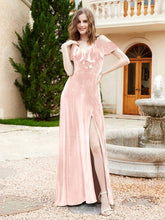 V-neck Ruffled Bodice Max Velvet Dresses With Silt Pearl Pink