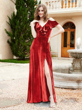 V-neck Ruffled Bodice Max Velvet Dresses With Silt Red