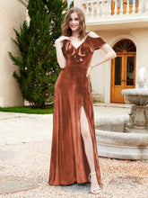 V-neck Ruffled Bodice Max Velvet Dresses With Silt Rust