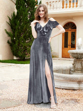 V-neck Ruffled Bodice Max Velvet Dresses With Silt Steel Grey