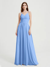 Spaghetti Strap V neck Chiffon Dress with Pockets Blue