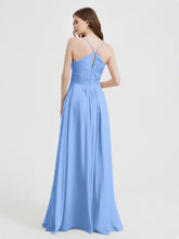 Spaghetti Strap V neck Chiffon Dress with Pockets Blue