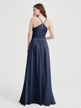 Spaghetti Strap V neck Chiffon Dress with Pockets Dark Navy