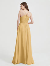 Spaghetti Strap V neck Chiffon Dress with Pockets Gold