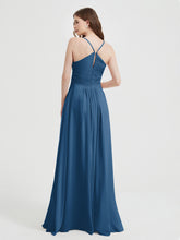 Spaghetti Strap V neck Chiffon Dress with Pockets Ink Blue