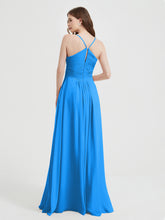 Spaghetti Strap V neck Chiffon Dress with Pockets Ocean Blue