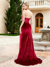 Strapless Sweep Train Mermaid Velvet Dress With Slit Burgundy