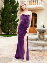Strapless Sweep Train Mermaid Velvet Dress With Slit Grape