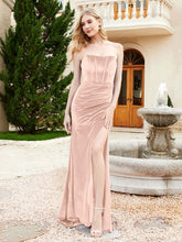 Strapless Sweep Train Mermaid Velvet Dress With Slit Pearl Pink
