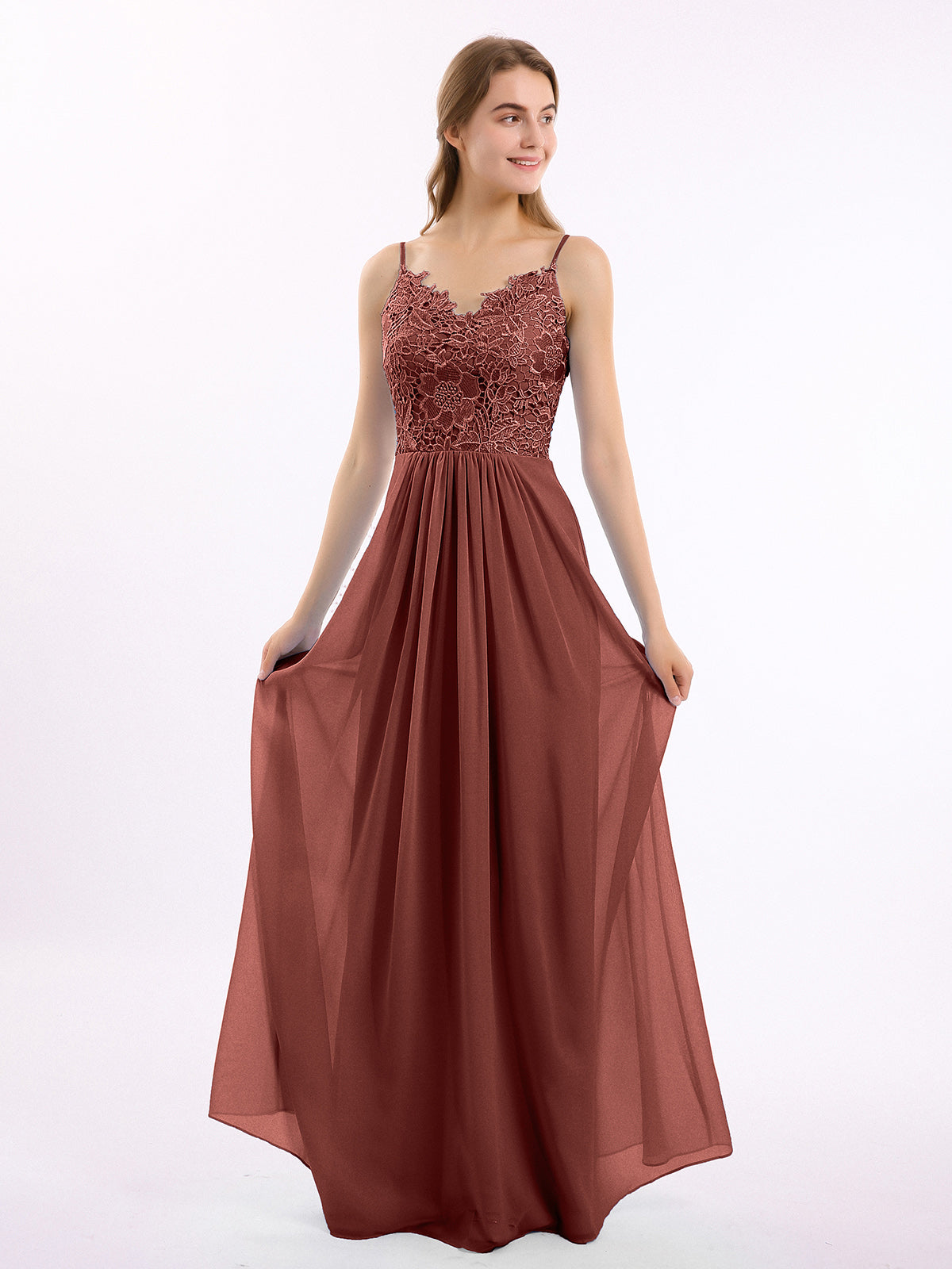 BABARONI Lace and Chiffon Long Dresses with Spaghetti Straps Terracotta, Terracotta / US0 BABARONI Lace and Chiffon Long Dresses with Spaghetti Straps Terracotta, Terracotta / US0