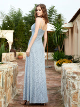 Square Neck Lace Bridesmaid Gown with Slit Dusty Blue