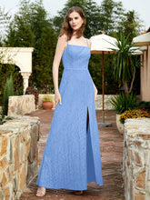 Square Neck Lace Bridesmaid Gown with Slit Blue