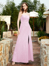 Square Neck Lace Bridesmaid Gown with Slit Blushing Pink