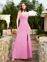 Square Neck Lace Bridesmaid Gown with Slit Candy Pink