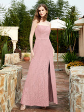 Square Neck Lace Bridesmaid Gown with Slit Dusty Rose