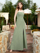Square Neck Lace Bridesmaid Gown with Slit Dusty Sage