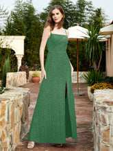 Square Neck Lace Bridesmaid Gown with Slit Emerald