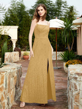 Square Neck Lace Bridesmaid Gown with Slit Gold