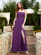 Square Neck Lace Bridesmaid Gown with Slit Grape