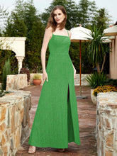 Square Neck Lace Bridesmaid Gown with Slit Green