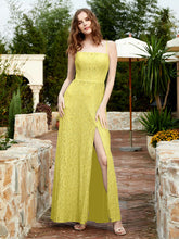 Square Neck Lace Bridesmaid Gown with Slit Lemon