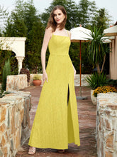 Square Neck Lace Bridesmaid Gown with Slit Lemon