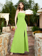 Square Neck Lace Bridesmaid Gown with Slit Lime Green
