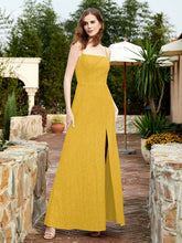 Square Neck Lace Bridesmaid Gown with Slit Marigold