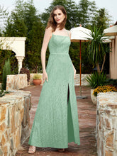 Square Neck Lace Bridesmaid Gown with Slit Mint Green