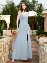 Square Neck Lace Bridesmaid Gown with Slit Mist