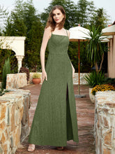Square Neck Lace Bridesmaid Gown with Slit Olive Green