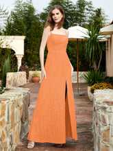 Square Neck Lace Bridesmaid Gown with Slit Orange