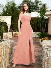 Square Neck Lace Bridesmaid Gown with Slit Papaya